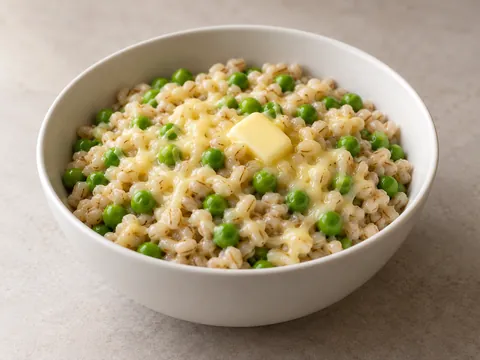 Перловка с зеленым горошком и сыром — иллюстрация подачи
