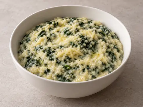 Манная каша с сыром и шпинатом — иллюстрация подачи
