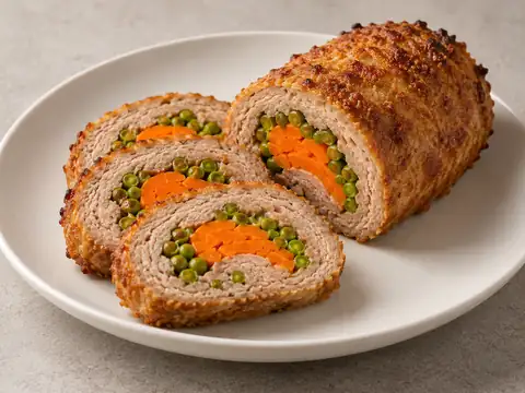 Свиной рулет с морковью и горошком из рубленого мяса — иллюстрация подачи
