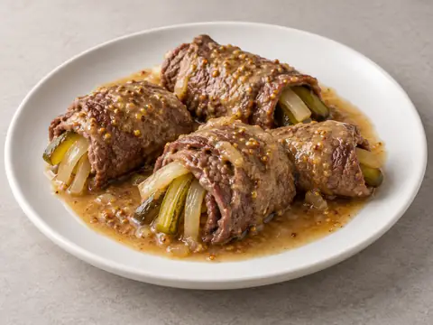 Говяжьи рулетики с горчицей и огурцом — иллюстрация подачи