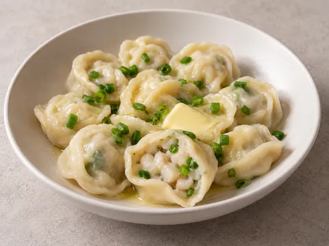 Пельмени с кальмаром и зелёным луком — иллюстрация подачи