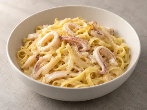 Яичная лапша с кальмаром в сливках — иллюстрация подачи