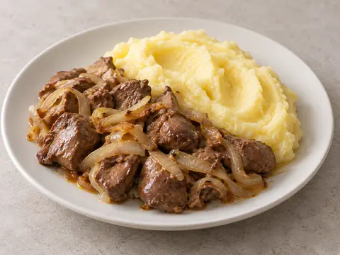 Куриная печень с луком и картофельным пюре — иллюстрация подачи