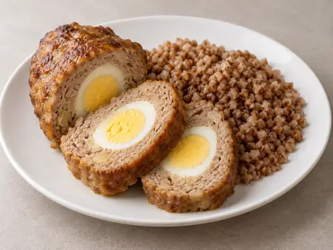Мясной рулет с яйцом и гречкой — иллюстрация подачи