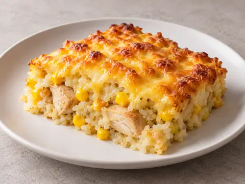 Рисовая запеканка с курицей, кукурузой и сыром — иллюстрация подачи