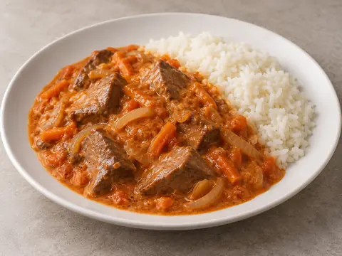 Гуляш из говяжьей печени с овощами и рисом — иллюстрация подачи