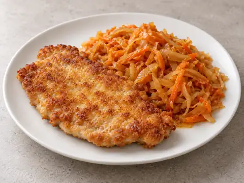 Шницель из корейки с тушёной капустой и морковью — иллюстрация подачи