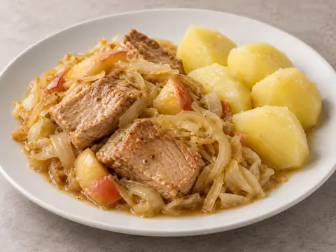 Корейка, тушённая с капустой и яблоком, отварной картофель — иллюстрация подачи
