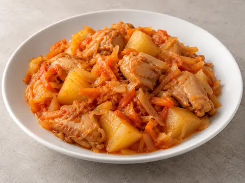 Курица, тушенная с капустой и картофелем — иллюстрация подачи