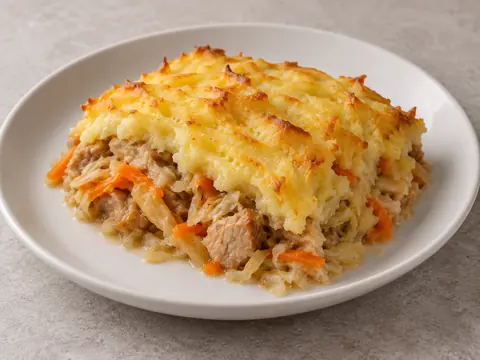 Свинина с овощами под картофельной крышкой — иллюстрация подачи