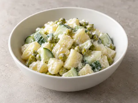 Картофельный салат с огурцом и горошком — иллюстрация подачи