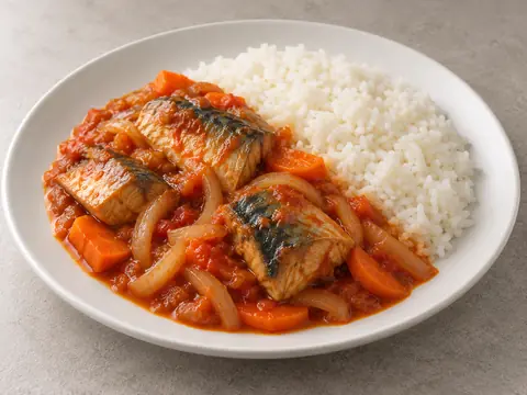 Скумбрия, тушённая с морковью и луком, с рисом — иллюстрация подачи