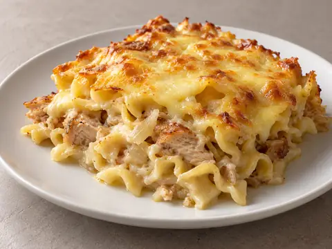 Домашняя лапша, запечённая с курицей — иллюстрация подачи