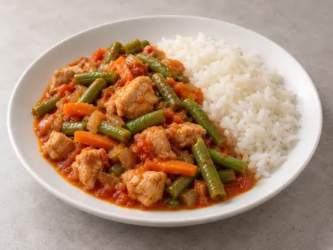 Куриное рагу со стручковой фасолью и рисом — иллюстрация подачи