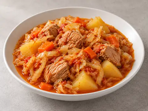 Индейка, тушённая с капустой и картофелем — иллюстрация подачи
