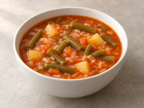 Томатный суп со стручковой фасолью и рисом — иллюстрация подачи