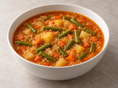 Овощной суп с кускусом и стручковой фасолью — иллюстрация подачи