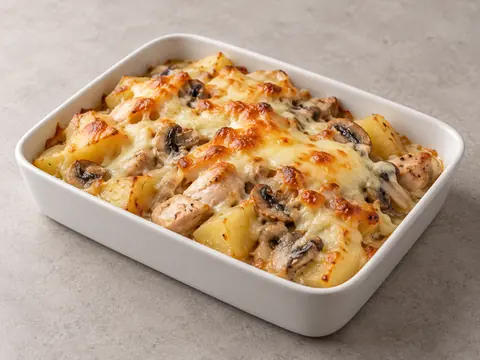 Курица с грибами и картофелем под сырной корочкой — иллюстрация подачи