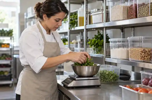 Сотрудник проверяет продукты на кухонных весах