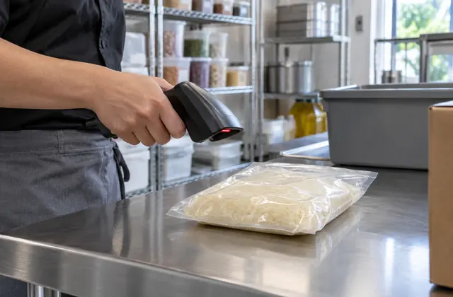 Сотрудник сканирует упаковку продукта