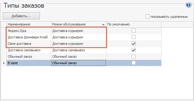Таблица типов доставки и самовывоза